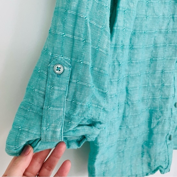 Kim Rogers Linen/Cotton 3/4 Sleeve Button Down Shirt Turquoise - Picture 6 of 14